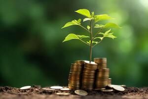 Business growth with a growing tree on a coin. Showing financial developments. Financial planning concept by photo