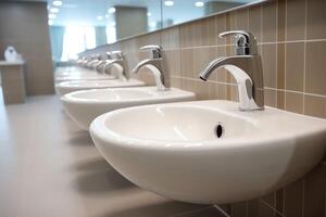 Modern public bathroom with row of white ceramic wash sink basins and faucet with mirror in restroom concept by photo