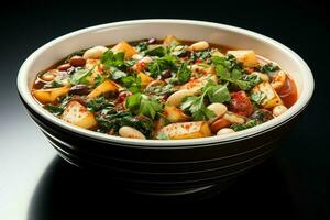 A delicious minestrone soup food in a bowl. Italian food and healthy protein soup meal concept by AI Generated photo