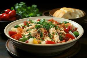 un delicioso pollo sopa comida con vegetales en un bol. invierno comida y alto proteína sopa comida concepto por ai generado foto