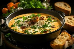 A delicious bouillabaisse soup food in a bowl. Marseille food and healthy protein soup meal concept by AI Generated photo