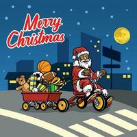 Santa Claus Bring Wagon Full Of Christmas Gift By Ride Bicycle vector