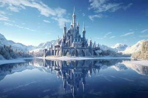 un Nevado mundo maravilloso, un 3d representación de elsa castillo en un azul Nevado montaña antecedentes. ai generativo foto