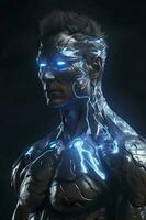 un hombre en un metal cuerpo con azul ojos mirando a iluminación. ai generativo foto