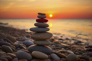 pebbles stacked on the beach with sunset in the background. AI Generative photo