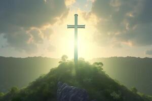 The cross of God with green Leaf, in the rays of the sun and blue sky. Cross on the hill with green trees and graeen natural view. Religious concept, photo