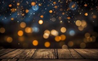 Christmas bokeh background, wooden background with bokeh, glitter stars, rustic wood, and Backdrop for product presentation. AI Generative photo