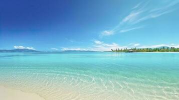 Tropical paradise beach with white sand and crystal clear blue water. Beautiful natural summer vacation holidays background. Travel tourism wide panorama background concept. AI Generative photo