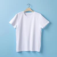 Simple White T Shirt on Soft Blue Background. AI Generative photo