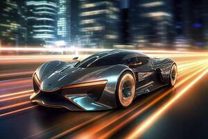 Fast Shutter Speed Creates Dynamic and Action Packed Image of Futuristic Car. photo