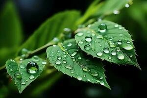 Macro shot of green leaves with water droplets, dew or rain drop on them. Green leaf nature forest concept by AI Generated photo