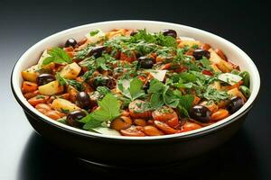 A delicious minestrone soup food in a bowl. Italian food and healthy protein soup meal concept by AI Generated photo