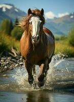 un salvaje caballo corriendo en el arroyo. salvaje o granja animales concepto por ai generado foto