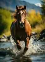 A wild horse running in the creek. Wild or farm animals concept by AI Generated photo