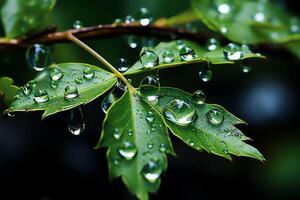 macro Disparo de verde hojas con agua gotas, Rocío o lluvia soltar en a ellos. verde hoja naturaleza bosque concepto por ai generado foto