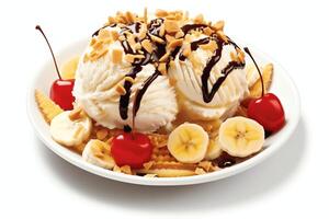 A delicious Banana split ice cream dessert with chocolate syrup. Banana split ice cream dessert by photo