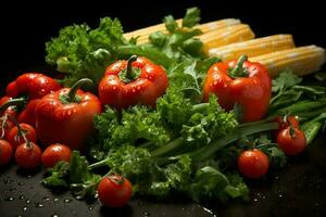 colección mezcla Fresco vegetales y frutas para un ensalada. sano dieta concepto y vegetales comida por ai generado foto