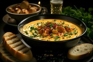 A delicious bouillabaisse soup food in a bowl. Marseille food and healthy protein soup meal concept by AI Generated photo