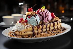 A delicious Banana split ice cream dessert with chocolate syrup. Banana split ice cream dessert by photo