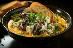 A delicious bouillabaisse soup food in a bowl. Marseille food and healthy protein soup meal concept by AI Generated photo