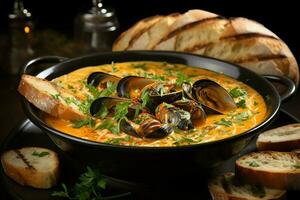 A delicious bouillabaisse soup food in a bowl. Marseille food and healthy protein soup meal concept by AI Generated photo