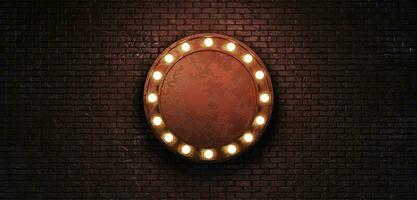 glowing neon circle frame in retro style Brick wall background Billboard sign Long billboard Blank glow sign with neon lamp 3d illustration photo