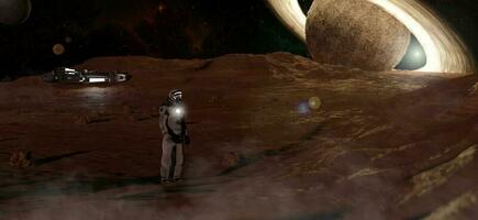 space exploration missions and planets An astronaut walks on the star surface new planet Futuristic space base exploration Red Planet. Colony on Mars 3D rendering photo