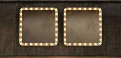 Illuminated billboard billboard blank glow sign on the wall retro style frame with glowing neon bulbs Isolated on background 3D illustration photo