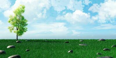 prado y claro cielo en un nublado día vasto césped rural paisaje horizonte 3d ilustración foto