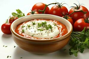 un delicioso tomate sopa comida en un bol. invierno comida y sano proteína sopa comida concepto por ai generado foto