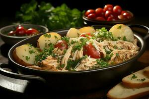 A delicious chicken soup food with vegetables in a bowl. Winter food and high protein soup meal concept by AI Generated photo