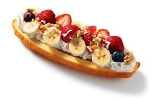 A delicious Banana split ice cream dessert with chocolate syrup. Banana split ice cream dessert by photo