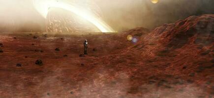 space exploration missions and planets An astronaut walks on the star surface new planet Futuristic space base exploration Red Planet. Colony on Mars 3D rendering photo