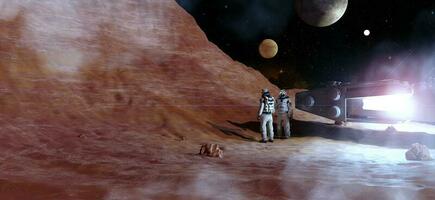 espacio exploración misiones y planetas un astronauta camina en el estrella superficie nuevo planeta futurista espacio base exploración rojo planeta. colonia en Marte 3d representación foto