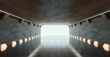 tubo tecnología túnel corredor en futurista espacio y ciencia fi corredor habitación escaparate Encendiendo haz túnel moderno futuro sala de exposición piso 3d ilustración foto