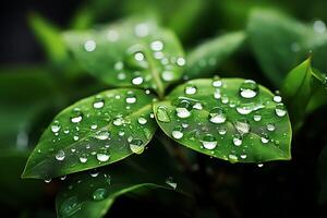 macro Disparo de verde hojas con agua gotas, Rocío o lluvia soltar en a ellos. verde hoja naturaleza bosque concepto por ai generado foto