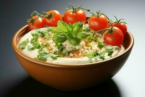 un delicioso tomate sopa comida en un bol. invierno comida y sano proteína sopa comida concepto por ai generado foto