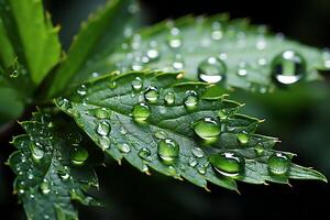 macro Disparo de verde hojas con agua gotas, Rocío o lluvia soltar en a ellos. verde hoja naturaleza bosque concepto por ai generado foto