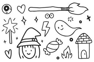 Halloween doodle hand drawn for illustration, cartoon. Witch, cat, moon, pumpkin, ghost, star vector