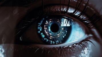 Extreme close-up of an robotic eye, electronic pupil, chip, photo