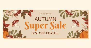 Autumn Super Sale horizontal banner template design with copy space. Frame with different leaves branches, pumpkins and mushroom fly agaric. Marketing banner with an offer of a special price. vector