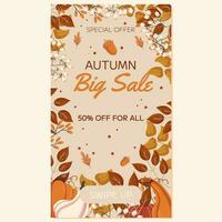 Autumn Super Sale vertical social media stories template design. Frame with different leaves branches, pumpkins and acorns, white berry on twig, copy space. Marketing banner with a discount vector