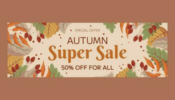 Autumn Super Sale horizontal banner template design with copy space. Frame with different leaves and berries on a twig. Marketing banner with an offer of a special price. vector