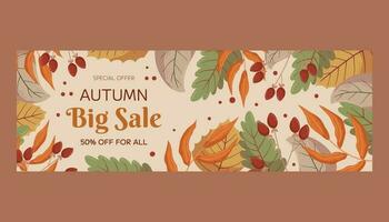 Autumn Big Sale horizontal banner template design with copy space. Frame with different leaves and berries on a twig. Marketing banner with a special offer. vector