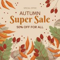 Autumn Super Sale square template design with copy space. Concept for square social media post frame with different leaves and berries on a twig. vector