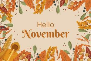 Hello November background design with different leaves branches, pumpkins and oak tree leaf, black and yellow berry on twig. Fall concept backdrop frame with autumn raincoat, umbrella and foliage. vector