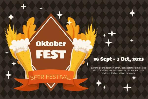 Oktoberfest German beer festival background. Design with glass of beer, wheat and leaves, banner ribbon. Rhombus pattern on back