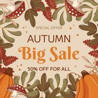 Autumn Big Sale square template design with copy space. Concept for square social media post frame with different leaves branches, pumpkins and mushroom fly agaric. vector