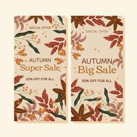 Autumn Sale vertical banner template design. Frame with maple leaf and orange berry, red and brown leaves branch. Marketing banner with an offer of a special price. vector