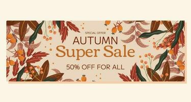 Autumn Super Sale horizontal banner template design with copy space. Frame with maple leaf and orange berry, red and brown leaves branch. Marketing banner with an offer of a special price. vector